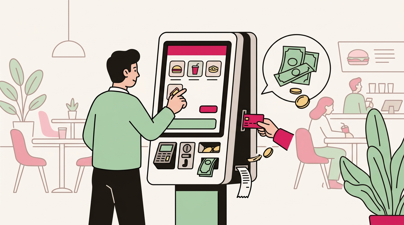Illustration cartoon, Borne de commande avec monnayeur intégré : espèces et carte sur un seul terminal