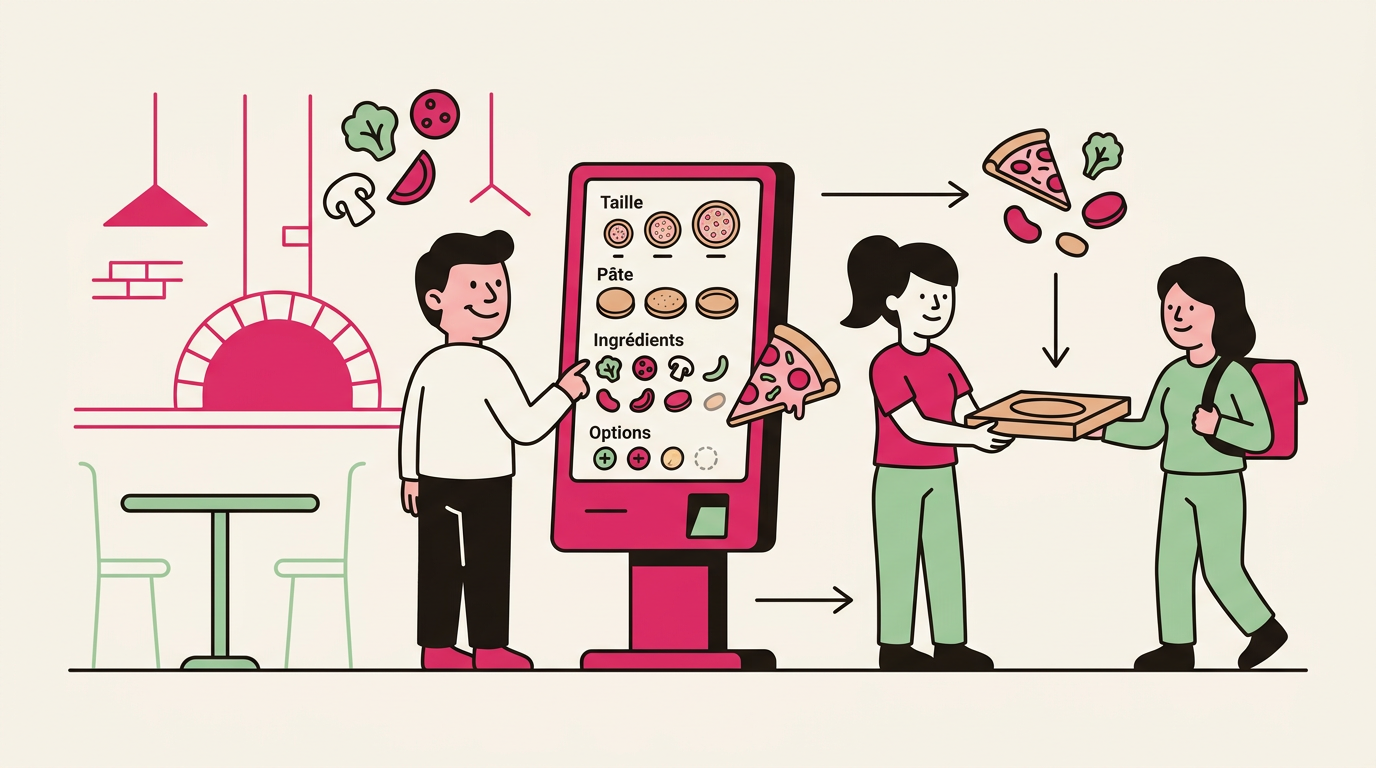 Illustration cartoon, Borne de commande pour pizzeria : gérez compositions, tailles et livraisons