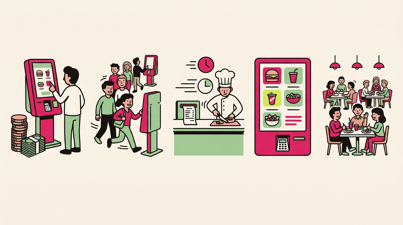 Illustration cartoon, Borne de commande en restaurant : 5 raisons de s'équiper dès maintenant