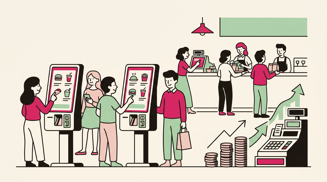 Illustration cartoon, Borne de commande self-service : l'autonomie client au service de votre rentabilité