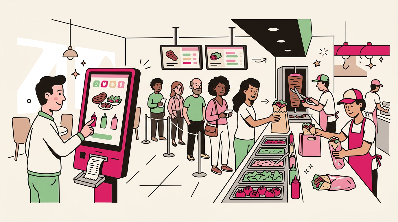 Illustration cartoon, Borne de commande pour kebab : modernisez votre restaurant et boostez vos ventes