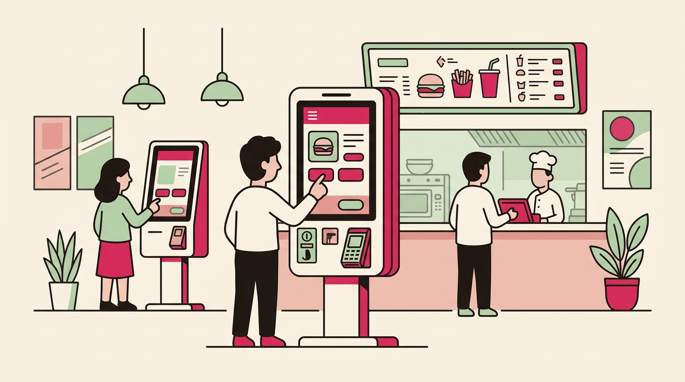Illustration cartoon, Bornes de commande pour restaurants et fast-food : comparatif, avantages et solutions