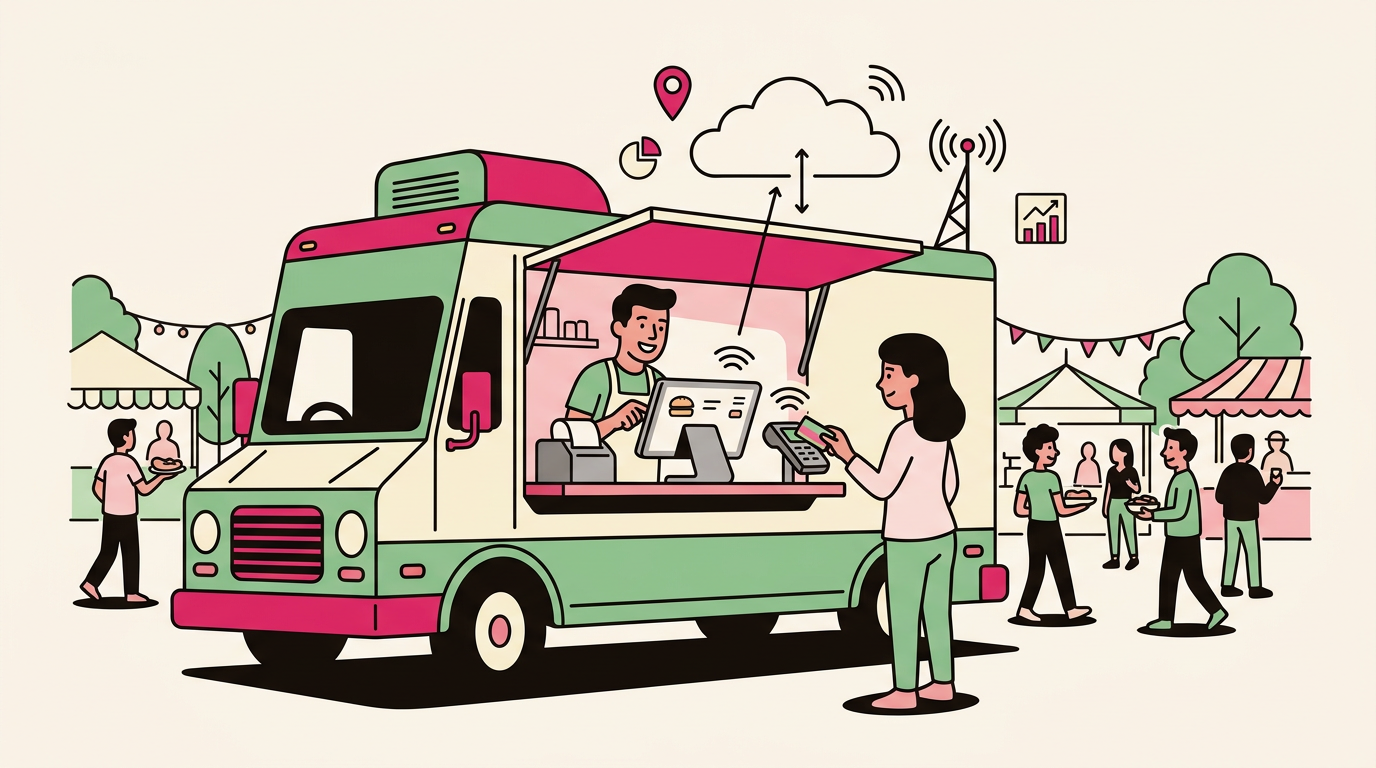 Illustration cartoon, Caisse enregistreuse pour food truck : la solution mobile et connectée
