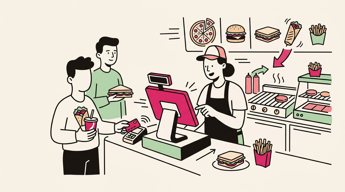 Illustration cartoon, Caisse enregistreuse pour snack et restauration rapide : encaissez vite, servez mieux