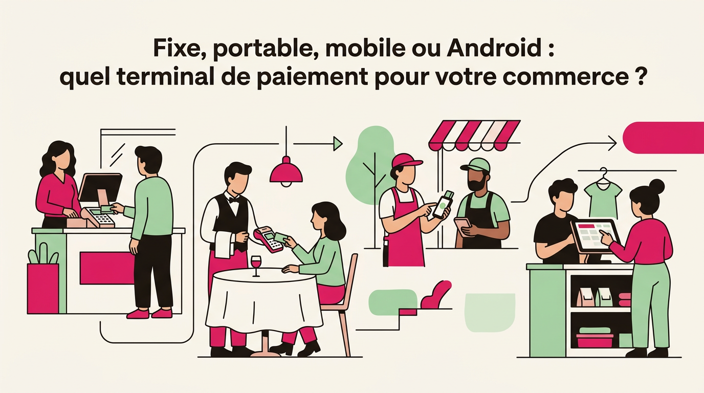 Illustration cartoon, Fixe, portable, mobile ou Android : quel terminal de paiement pour votre commerce ?