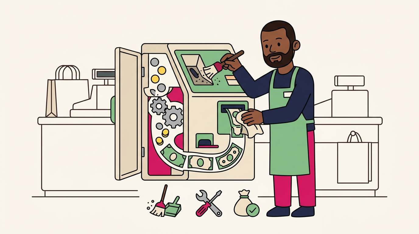 Illustration cartoon, Monnayeur automatique : comment l'entretenir et éviter les pannes