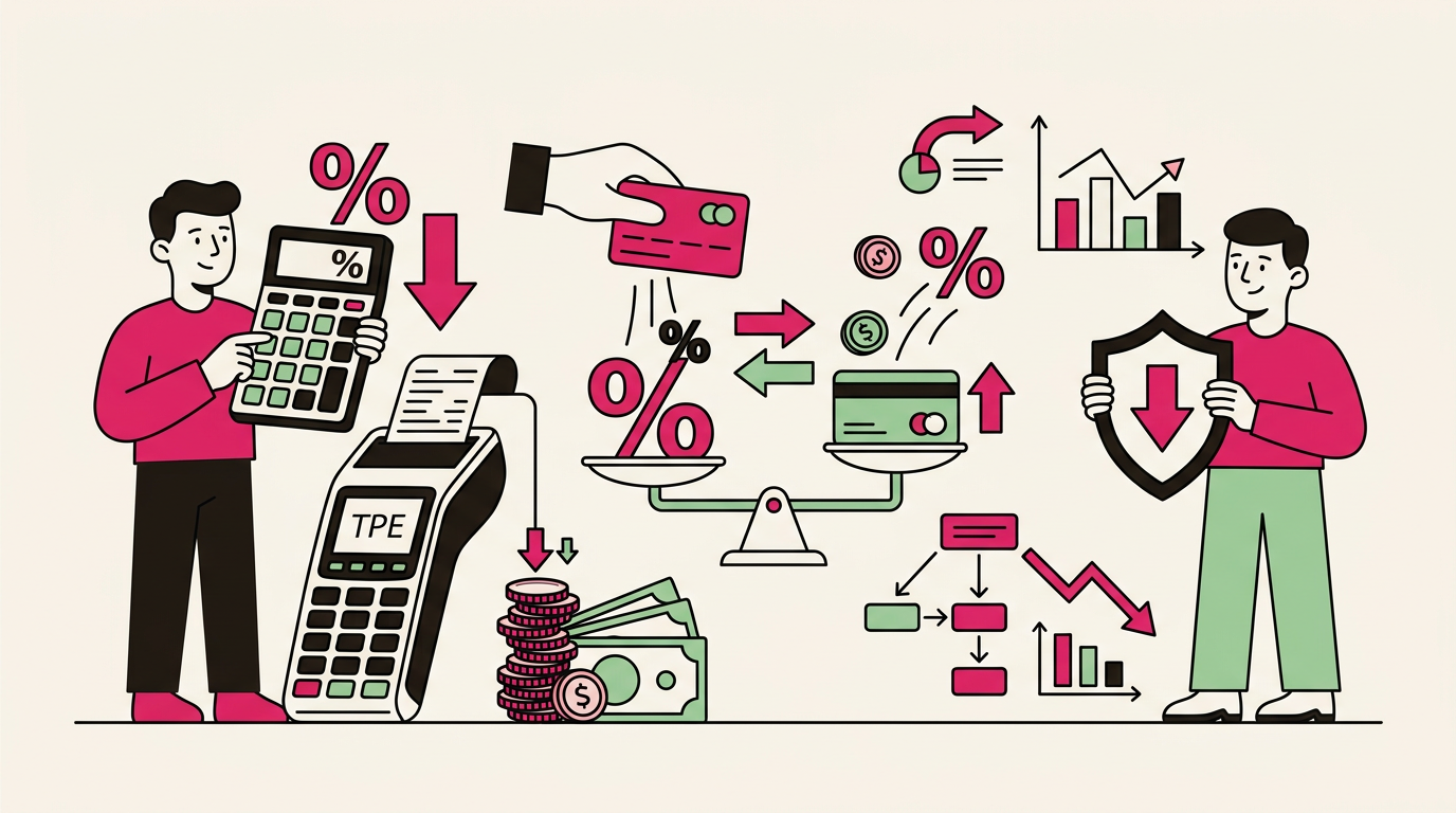 Illustration cartoon, Frais de TPE en 2026 : comment payer vos commissions carte bien moins cher que SumUp