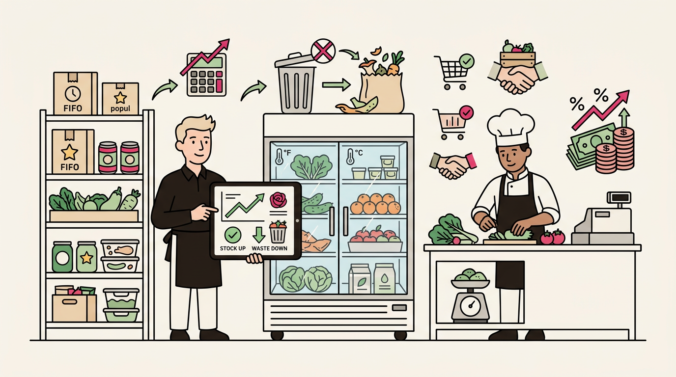 Illustration cartoon, Gestion des stocks en restauration : réduire le gaspillage et maximiser vos marges