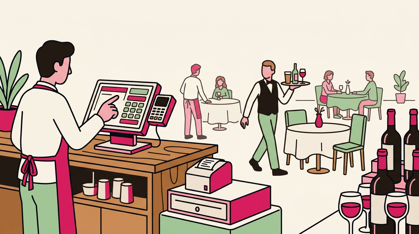 Illustration cartoon, Installation caisse restaurant chez La Cave et Vous