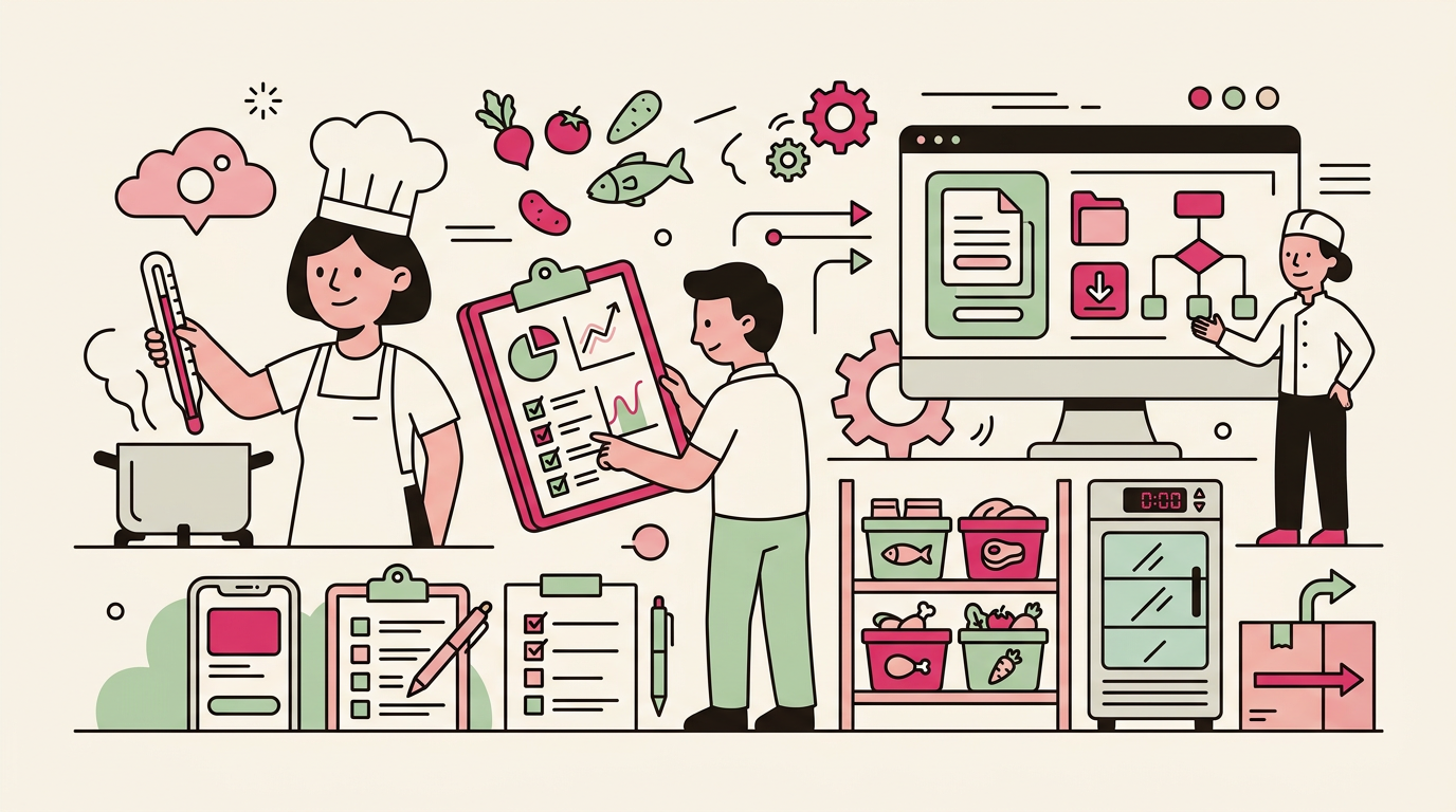 Illustration cartoon, Logiciel HACCP pour restaurants : simplifiez votre conformité hygiène et sécurité alimentaire