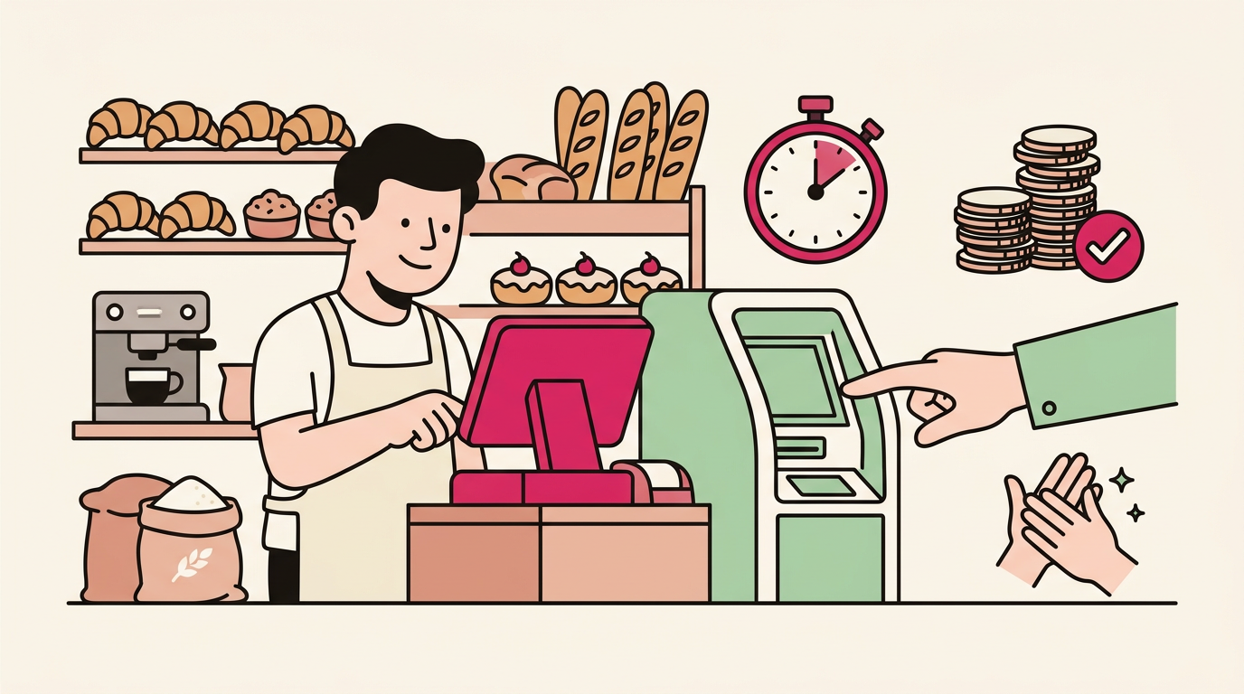 Illustration cartoon, Monnayeur automatique en boulangerie : pourquoi et comment bien le choisir ?