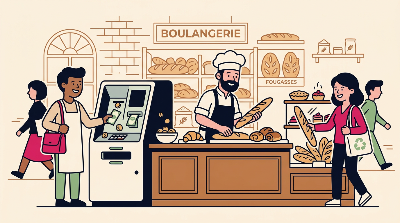 Illustration cartoon, Monnayeur automatique en boulangerie : pourquoi c'est indispensable