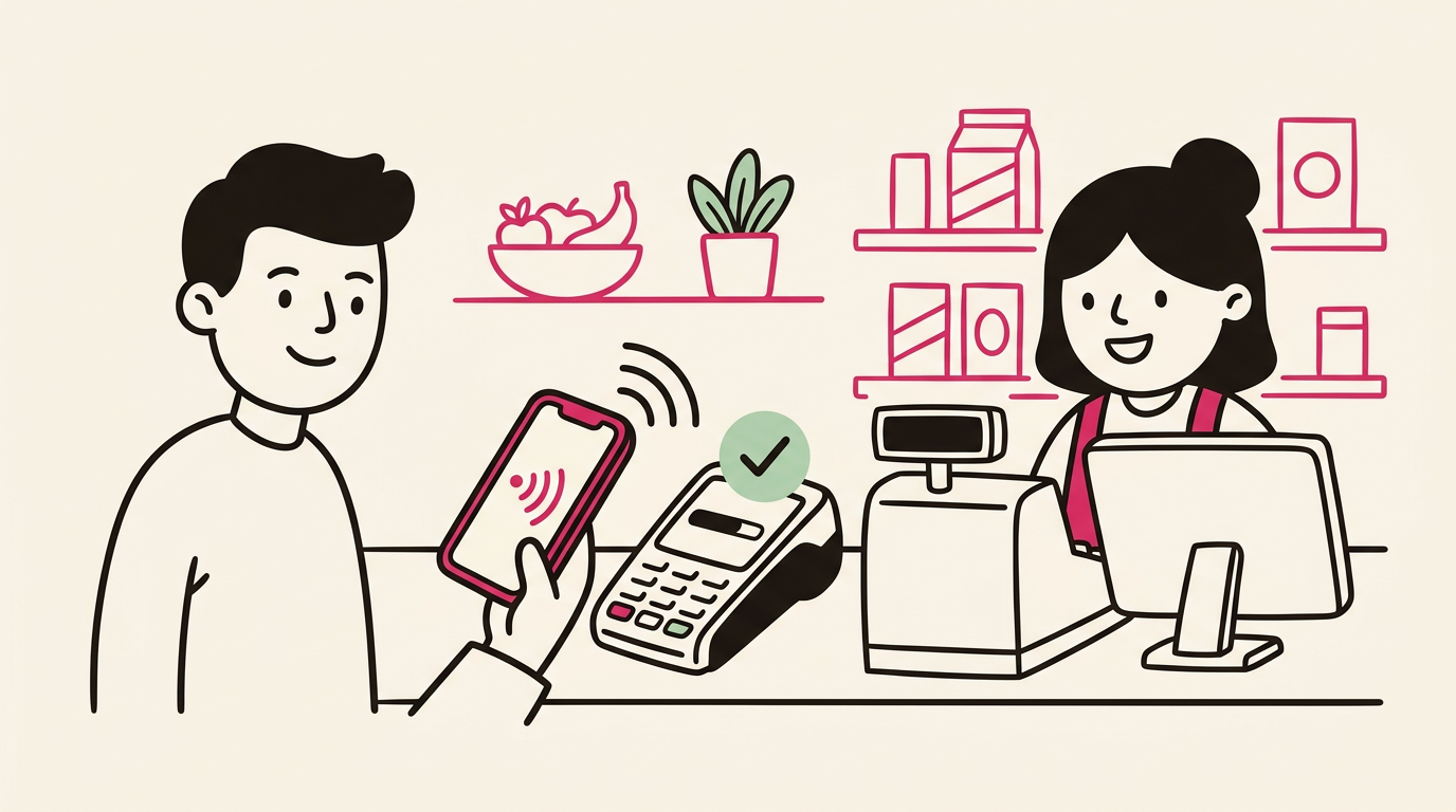 Illustration cartoon, Paiement sans contact en caisse : comment ça fonctionne et comment l'activer