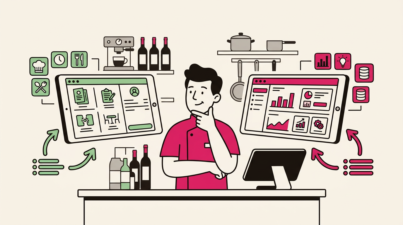 Illustration cartoon, Restomax vs Carré POS : quel logiciel de caisse choisir pour votre restaurant ?