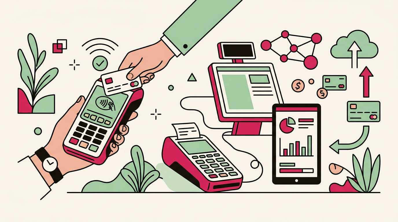 Illustration cartoon, TPE et paiement sans contact : tout comprendre pour encaisser facilement