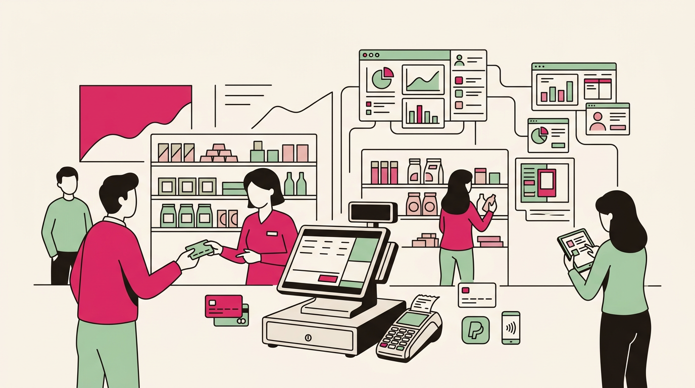 Illustration cartoon, TPV intégré : qu'est-ce que c'est et pourquoi équiper votre commerce ?
